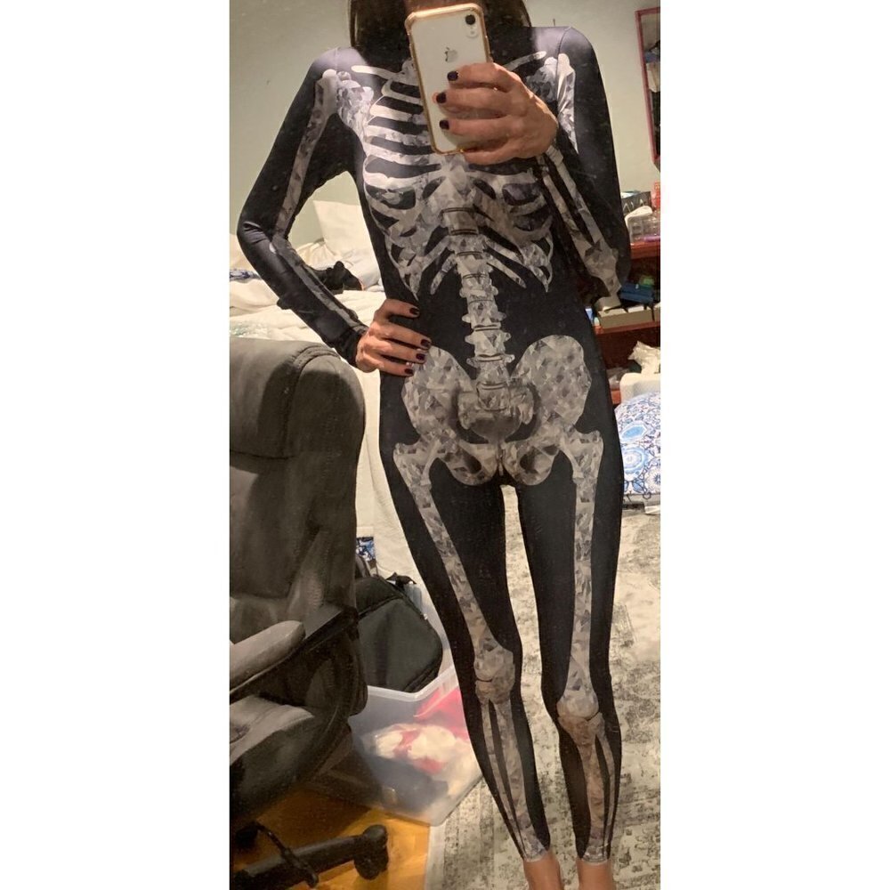 𝅺3d White Skeleton Halloween Costume Cosplay Jumpsuit Bodysuit Long Sleeve NWT